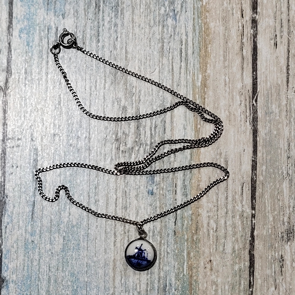 Silver Necklace with Blue and White Ceramic Pendant - Picture 7 of 7